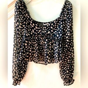 Francesca’s Black and Taupe Polka Dot Sheer Peplum Cropped Top Size Medium.